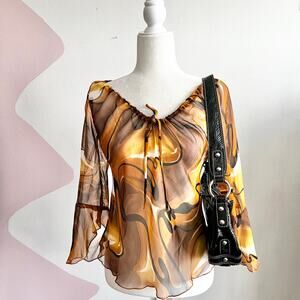 Retro Sheer Bell Sleeve Top,‎ Boho Vintage Soft Grunge Indie 70s Inspired Medium
